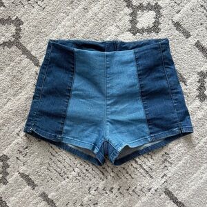 Lottie Moss Denim Color Block retro mini shorts size 26